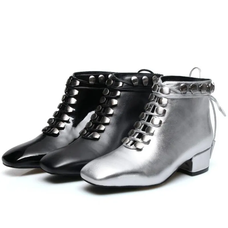

Cool Women Ankle Boots Lace-up Shoes Low Heel Silver Boots 2019 Fashion Women Botas