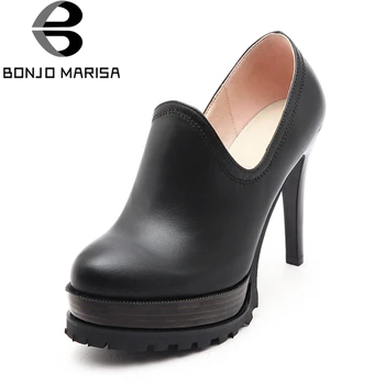 

BONJOMARISA 2020 Spring Autumn Large Size 33-43 Platform Elegant Pumps Woman Zip High Square Heel Black Ol Mature Women Shoes