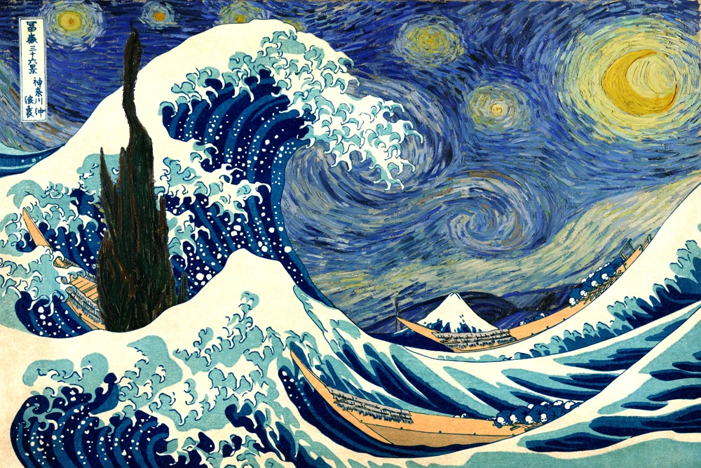 

home decor seascape canvas painting posters art print Van Gogh Starry night and The Great Wave at Kanagawa Katsushika Hokusai
