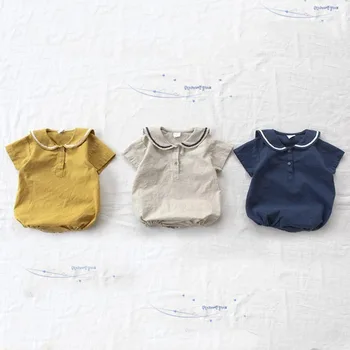 

chifuna New Summer Button Doll Collar Navy Collar School Solid Soft Cotton Fashion Girl Romper Body Boy Bodysuits Toddler Unisex
