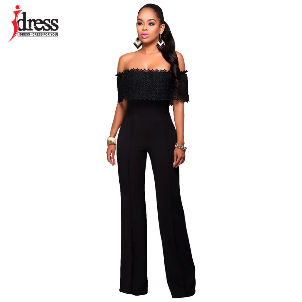 IDress New Arrival Casual Slash Neck Strapless Black Women Jumpsuits Off the Shoulder Top Long Pants Loose Ladies Romper (1)