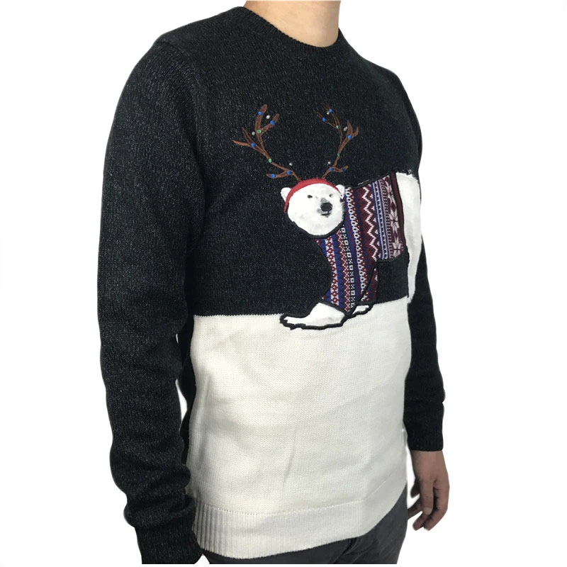 Washable Knitted Light Up Ugly Christmas Sweater for Men Funny Fluffy Polar Bear Knit Ugly Xmas Pullover Jumper Plus Size