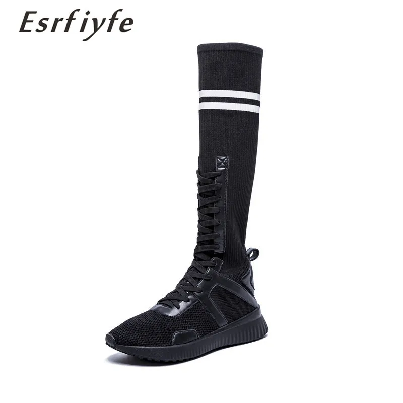 

ESRFIYFE New Fashion Women Knee High Boots Genuine Leather Knitting Autumn Thick Heel Shoes Woman Elastic Round Toe Casual Boots