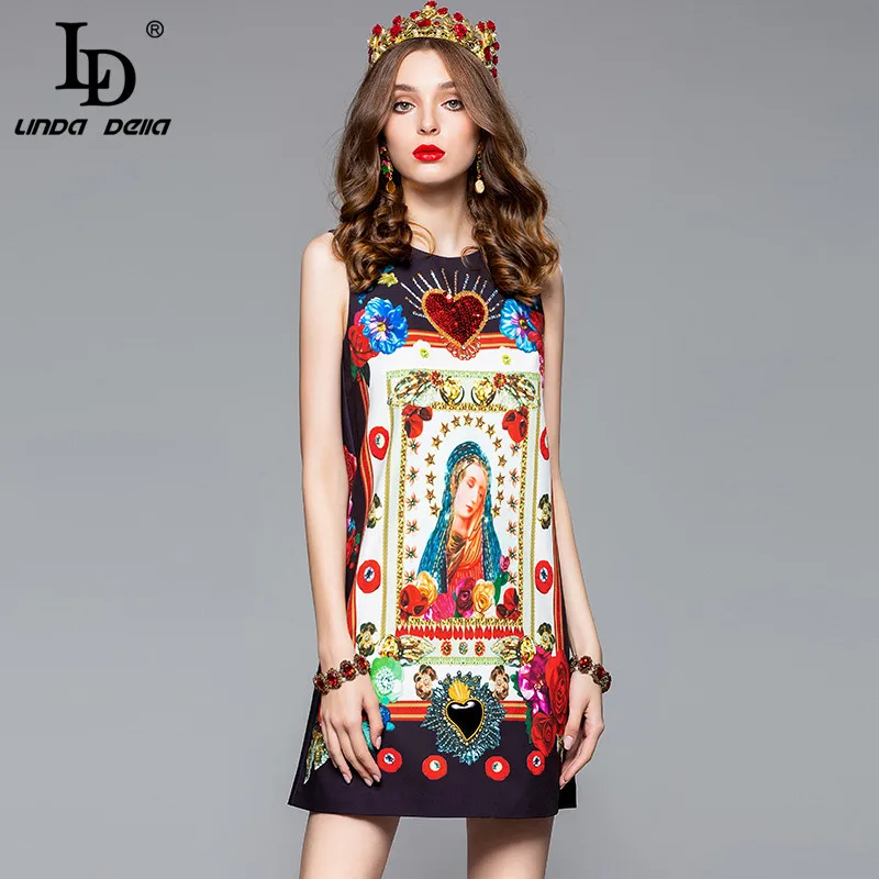 LD LINDA Делла, модное дизайнерское летнее платье, женское, без рукавов, на бретелях, ангел, с блестками, цветочный принт, праздничное, винтажное, короткое платье