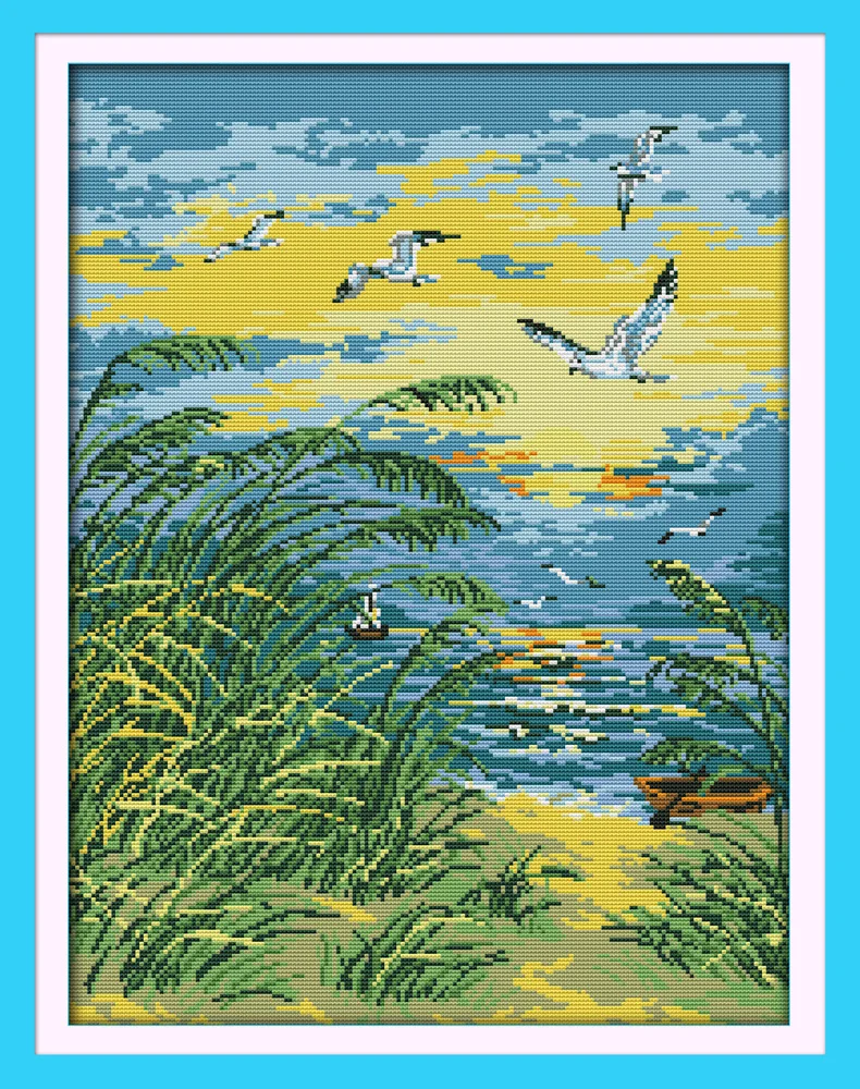 775 50 De Réductionle Bord De La Mer Coucher De Soleil Point De Croix Kit Dessin Animé Oiseau Compte Impression Estampillé 14ct 11ct Main Broderie