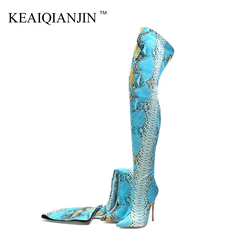 

KEAIQIANJIN Snakeskin Women's Over The Knee Boots Plus Size 44 45 Botas High Heel Woman Thigh High Boots Sexy Fashion Sexy Shoes