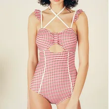 Бикини, сдельный купальник, женский купальник, женский купальник монокини, пуш-ап,, тонкий, сексуальный, милый, для плавания, полиэстер, в клетку