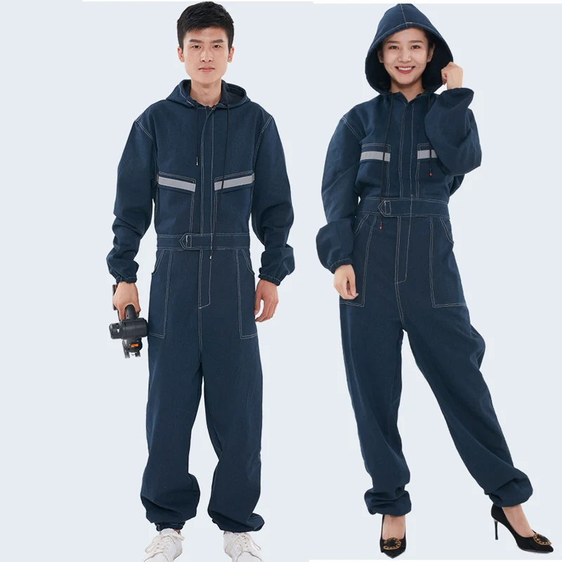 

Woman man Denim Siamese overalls suit welding spray paint machine repair Reflective protective labor insurance clothing S-4XL