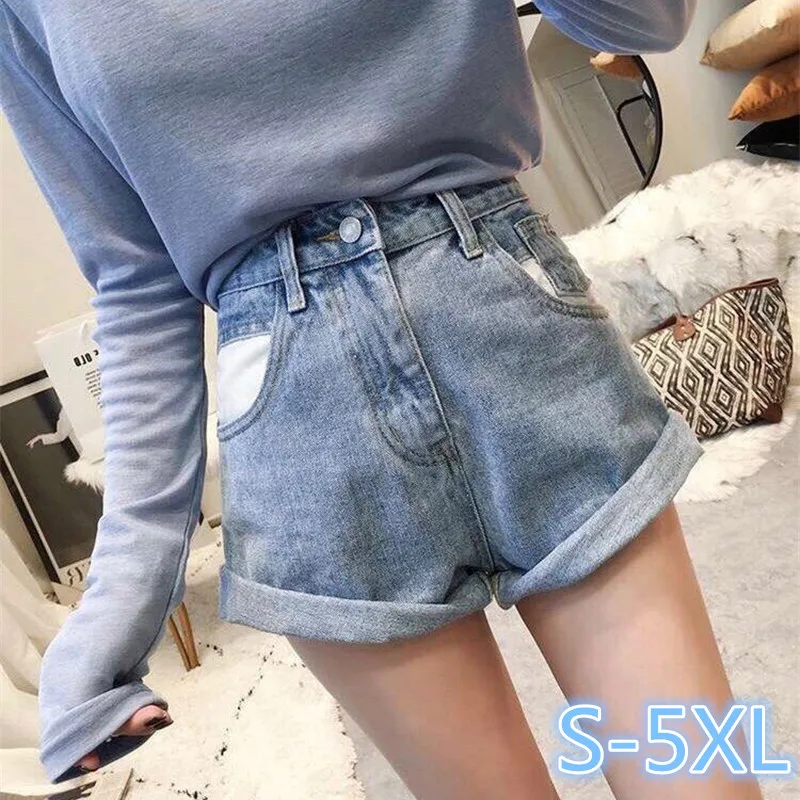 S-XL, 2XL, 3xl, 4xl, 5XL Плюс размеры 2 цвета Лето 2019 г. высокая талия джинсовые шорты джинсы для женщин цвет лоскутное карман Женские шорты (E0953)