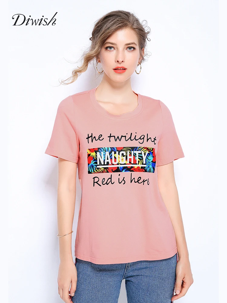 

Diwish 2019 Summer Women Plus Size Pink T-shirt 5XL Letters Print Korean Casual O-Neck Short Sleeves Streetwear Oversize Top