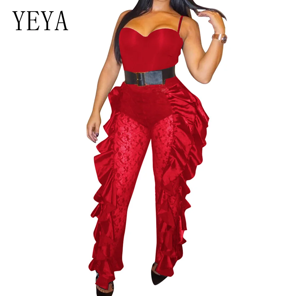 YEYA Off Shoulder Lace Patchwork Jumpsuit Women Sexy See Through Mesh Ruffles Bodycon Long Pants Romper Club Party Jumpsuits