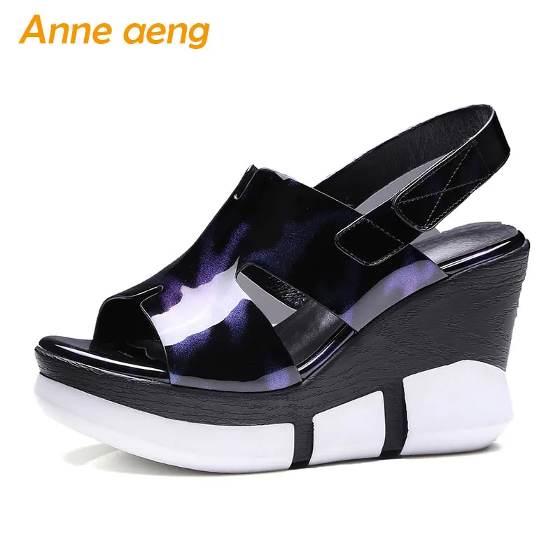 

2019 New Summer Genuine Leather Women Sandals High Wedge Heel Hook & Loop Fashion Casual Women Platform Shoes Blue Sandals