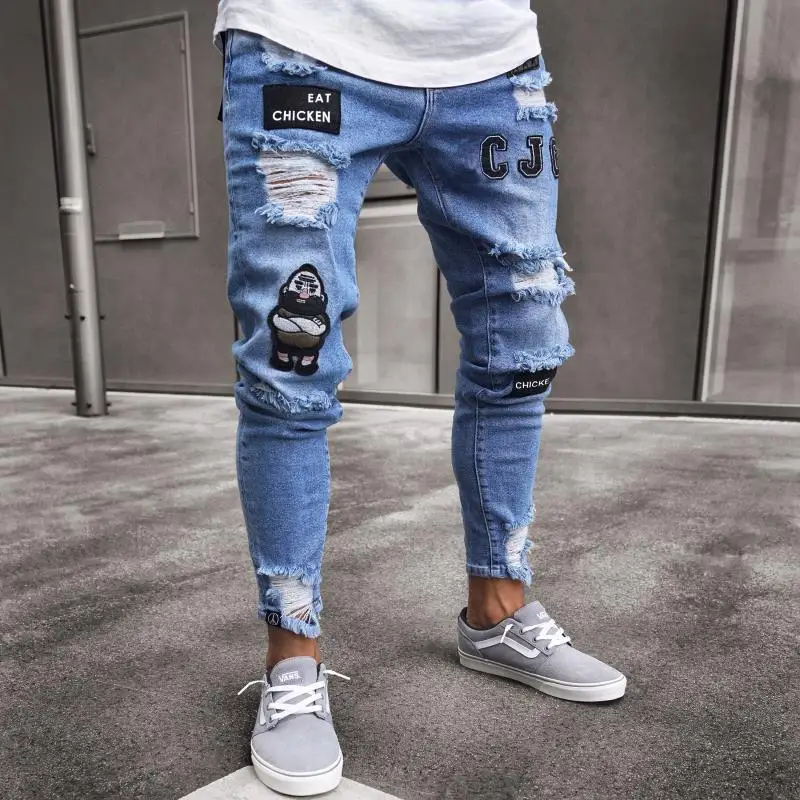 

NEW fashion 2019 embroidery men's hole jeans blue Hip-hop slim men jean