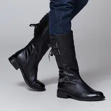 Men Full Grain Leather British Style Long Boots Winter Round Toe High Cylinder Pure Color Comfortable