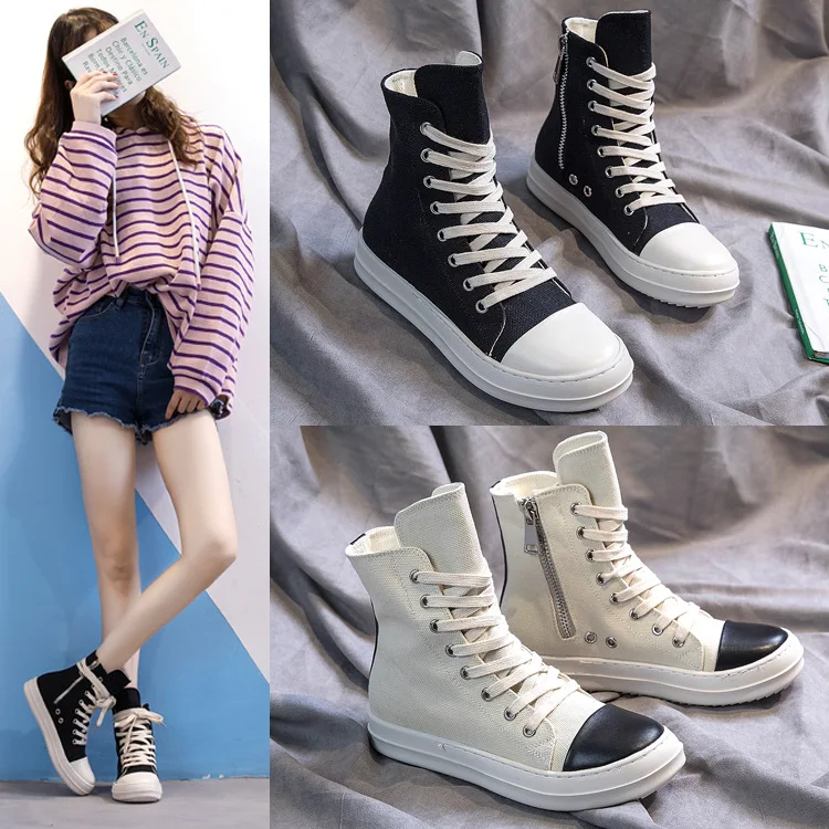 

Casual Canvas Shoes Women Sneakers High Top Fashion Brand British Style Martin Shoes Beige Cross-tied Ladies footware Breathable