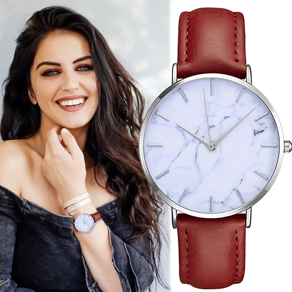 

2019 Fashion Marble Grain Print Dial Women's Classic Casual Wrist WatchQuartz Watch Leather Watches