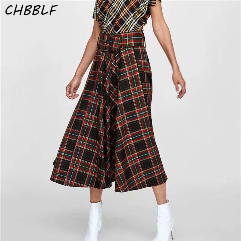 

CHBBLF women plaid midi skirts faldas mujer sashes vintage female casual wear chic pleated mid calf skirt BGB8548