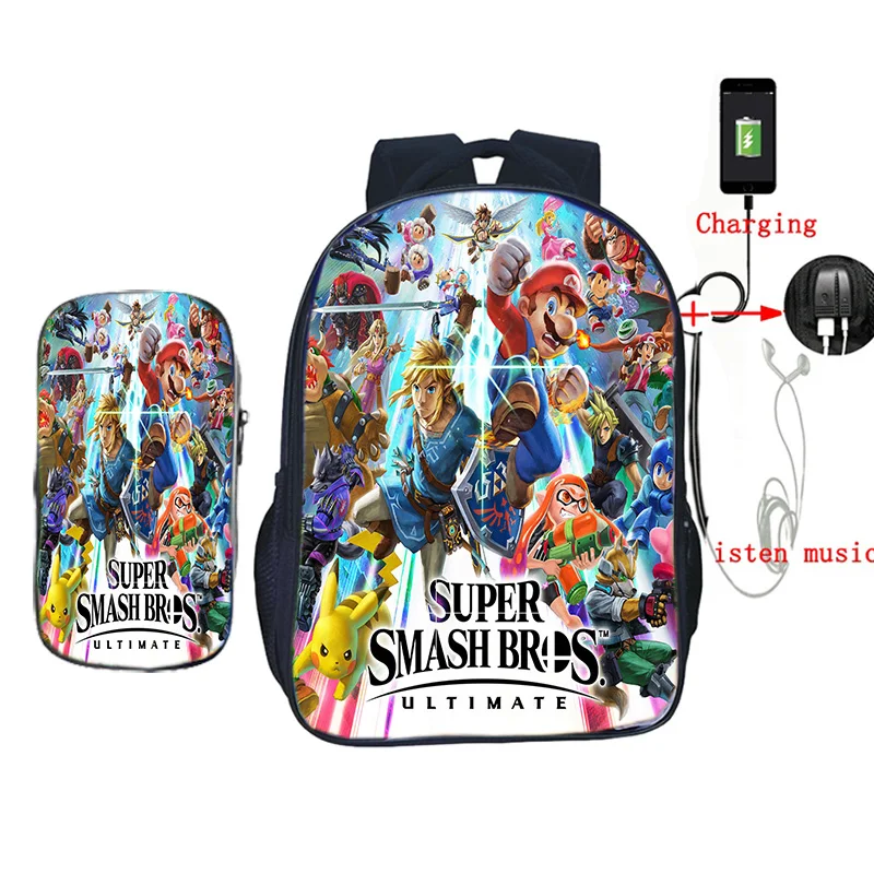 

Super Mario Smash Bros 2 Pcs/Set School Backpack for Teenagers Boys Girls Students Travel Laptop USB Charge Backpack Pencil Case