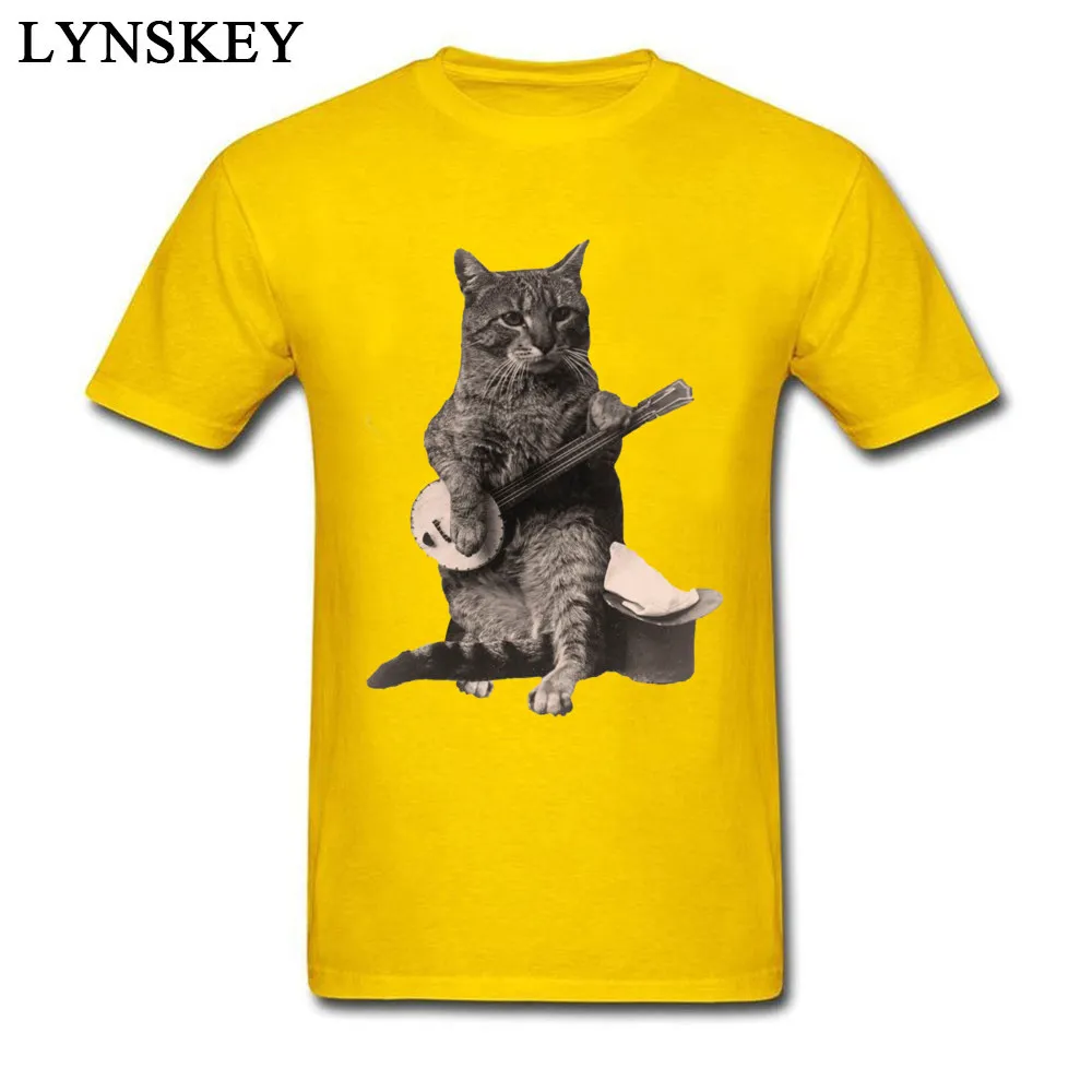 Men's T Shirts Classic Cool Short Sleeve Summer/Fall Tops Shirt Funky Crewneck All Cotton Tee Shirts Cat Playing Banjo Guitar yellow