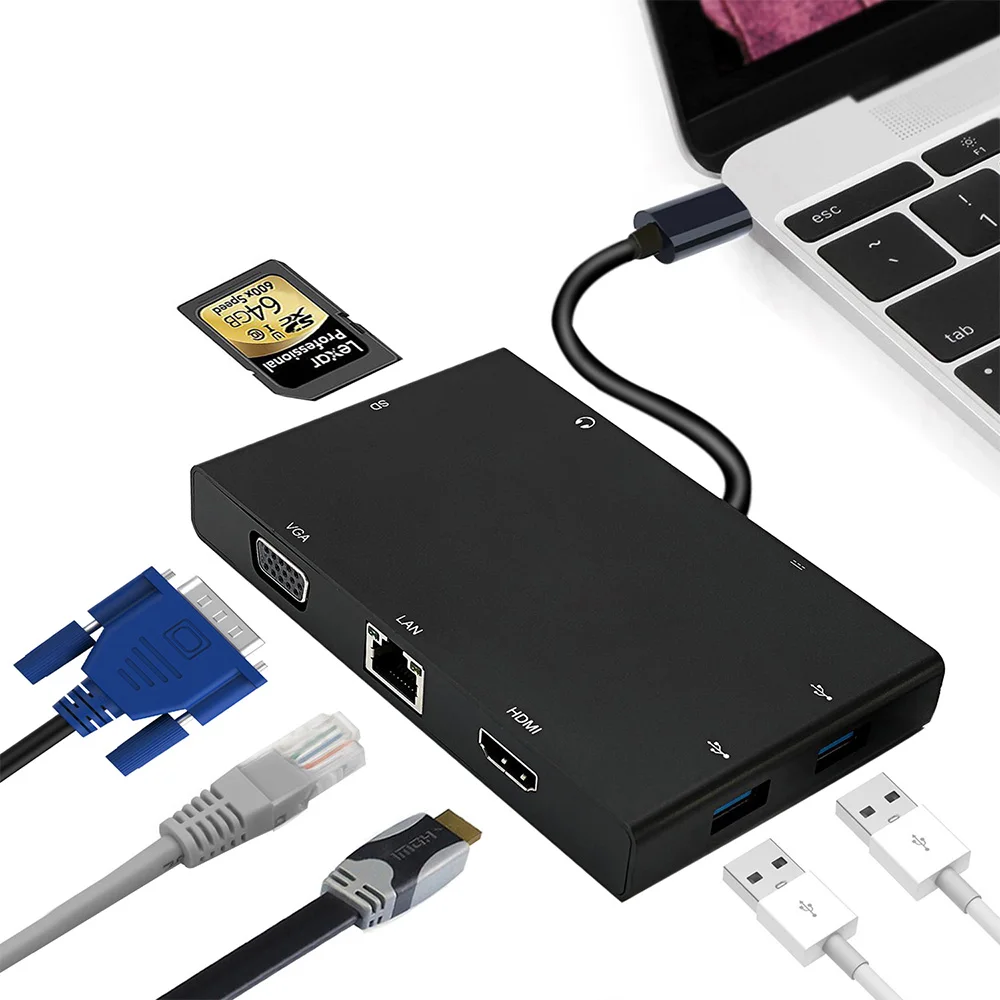 USB-C Thunderbolt 3 к HDMI 4 K VGA с 2 портами(стандарт 3,0 концентратор Gigabit Ethnernet RJ45 USB-C PD аудио 3,5 мм SD слот женский Зарядное устройство адаптер