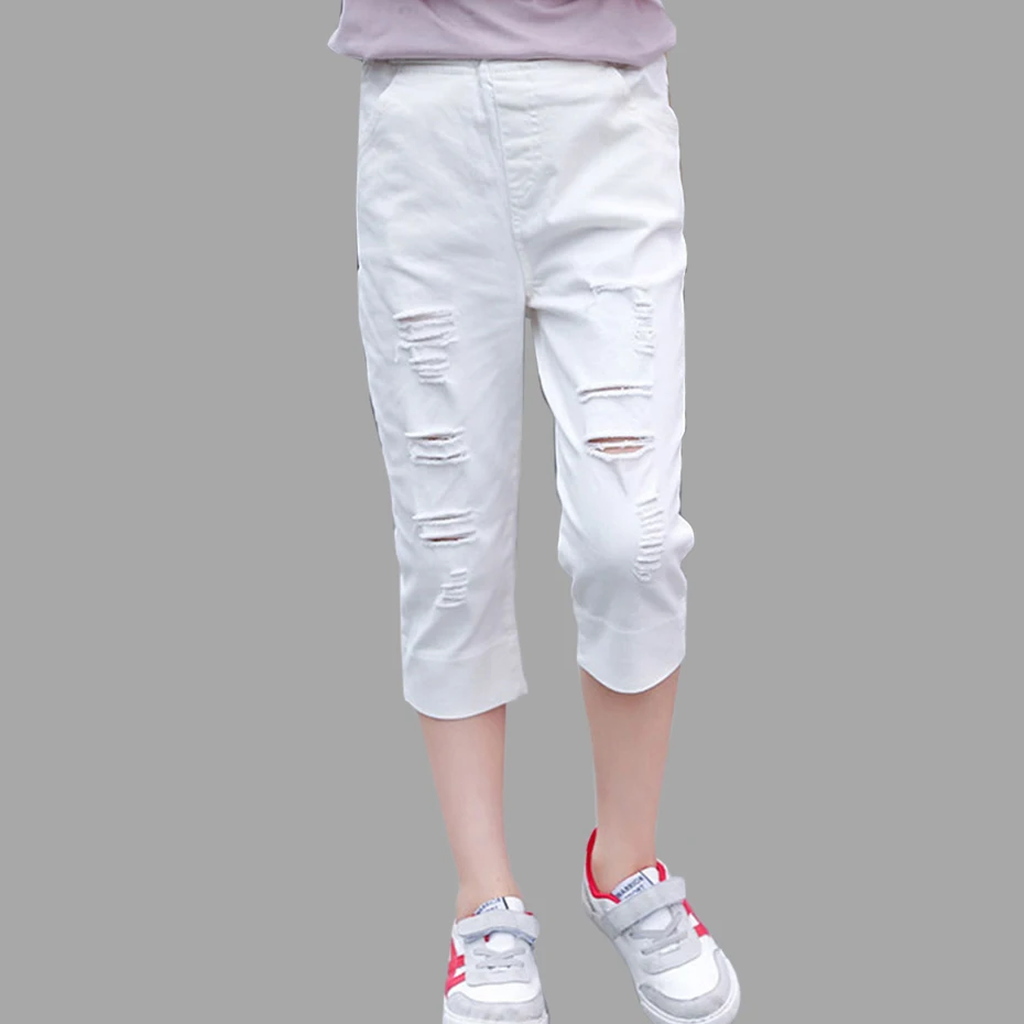 

Summer Girl Pants Solid Ripped Holes Kids Pants Straight Calf-length Pants For Kids Teenage Clothing For Girls 4 8 10 12 Years