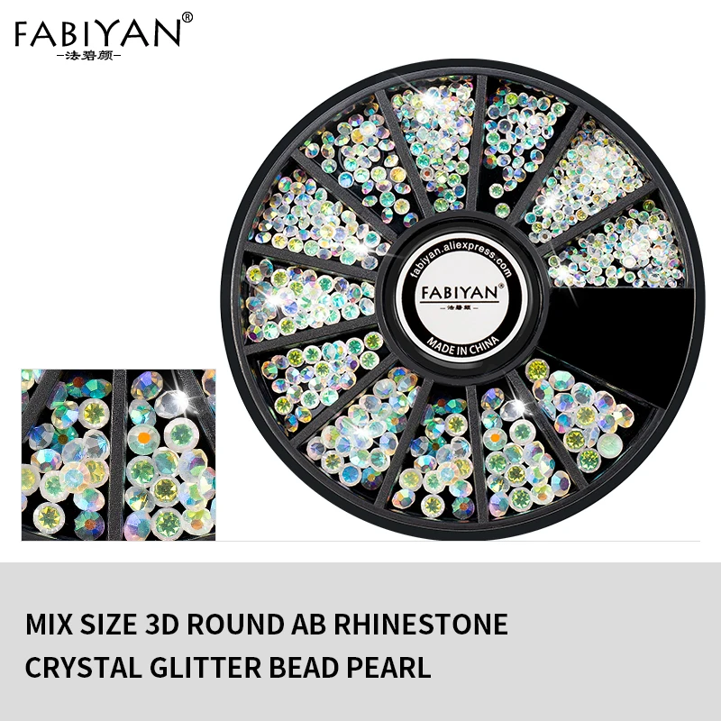 

Mix Size 3D Round AB Rhinestone Crystal Glitter Bead Pearl Wheel Nail Art Tips Jewelry Decoration DIY Manicure Accessories Tool