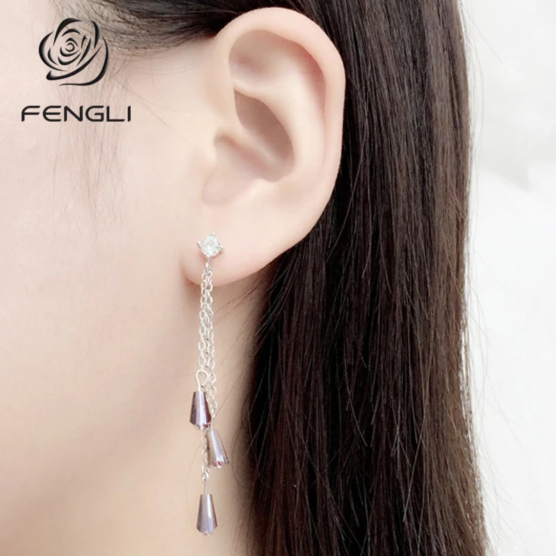

Brown Color Rhinestone Tassel Drop Earring for Women Bohemia Silver Long Chain Earrings Female Party Jewelry