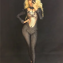 Яркие черные стразы, комбинезон из спандекса с длинными рукавами, женские Вечерние боди, вечерний наряд для певицы, сценического танца, DS одежда