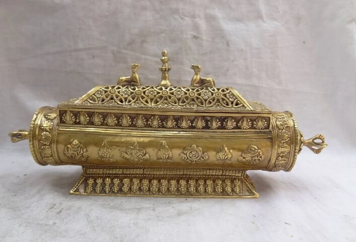 

S4703 12" Tibet Buddhism Brass 8 Auspicious Symbol Statue Vajra Incense Burner Censer D0317