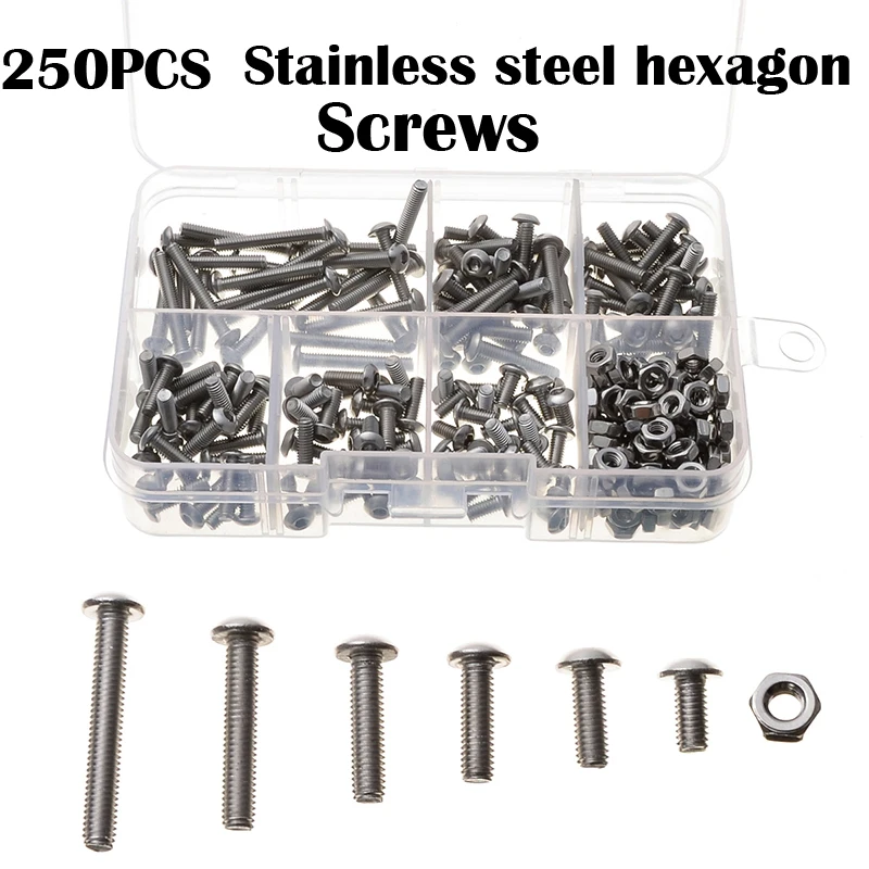 

250PCS Hexagon Stainless Steel Socket Screws Kit Round Head Machine M3 Nut Fasteners Set Hexagonal Screw & Nuts For Woodworking
