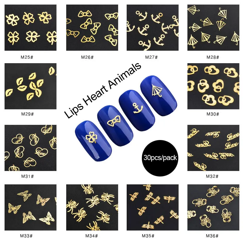 

Nail Art Tips Stickers Decoration Lips Bow Butterfly Heart Designs Gold Metallic Nail Accessories Tools 30pcs/pack 20