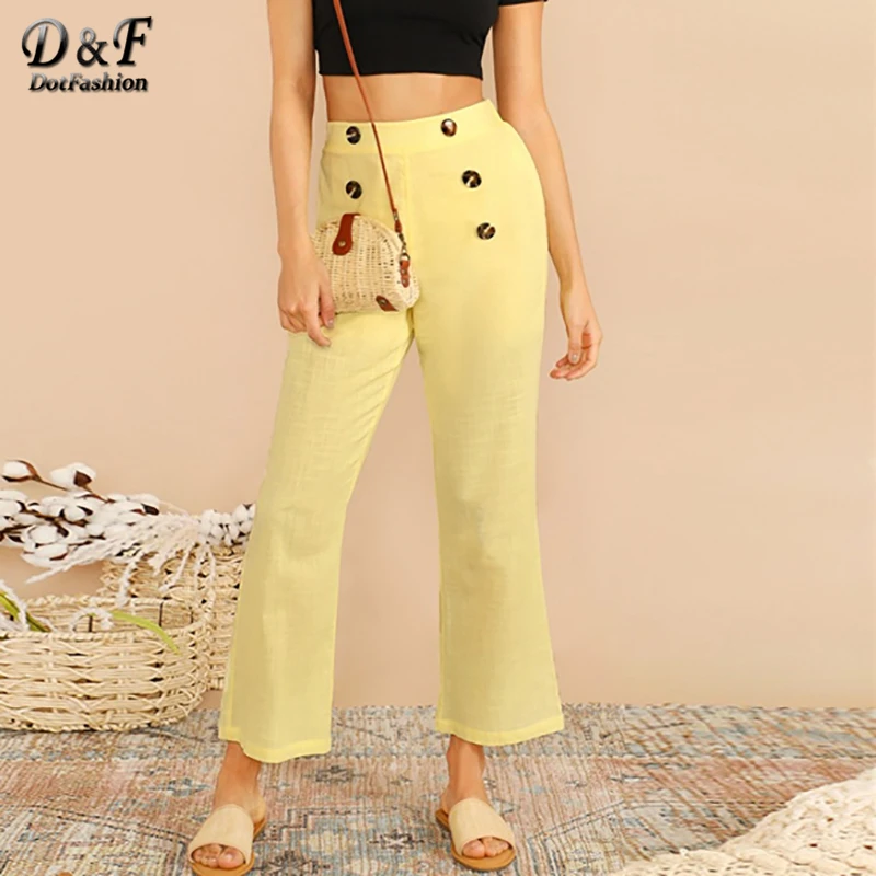 Buy Dotfashion Yellow Double Button Flare Leg Crop Pants Women 2019 Boho