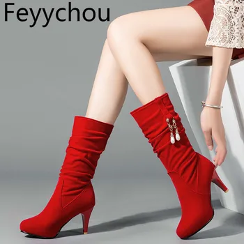 

Women Boots Autumn Winter High Heel Warm Round Toe Flock Crystal Slip on Wedges Platform Mid-calf 2018 Sexy Fashion Black Red