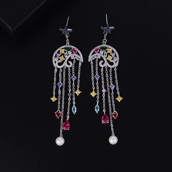 

SisCathy Elegant Colorful Cubic Zirconia Dangle Drop Earrings Charms Long Tassel fringe Earrings for Women Party Jewelry