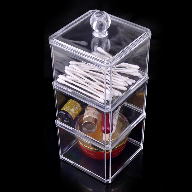 3 Layer Plastic Acrylic Cotton Swab Box Cotton Bud Holder Small