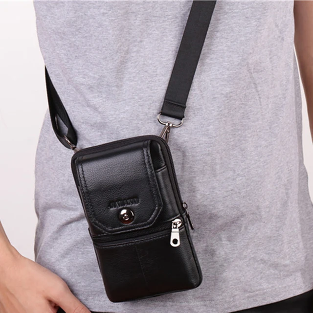 Men Cross Body Cell Phone Case Waist Belt Pack Bag Purse Hook Vertical Male Genuine Leather