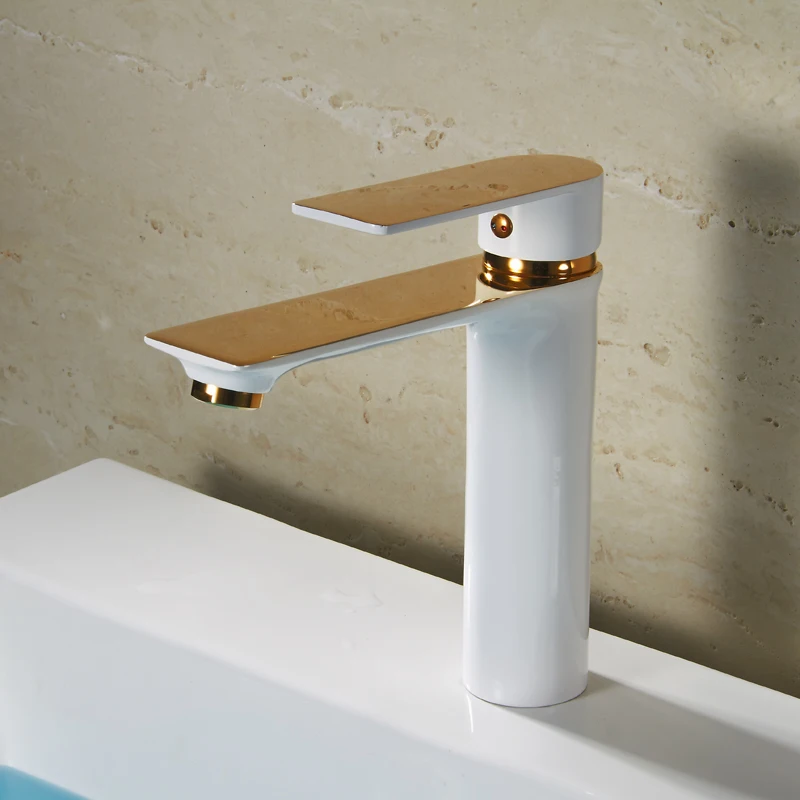 

2018 New Arrival Basin Faucet White Baked Faucet With Golden Finish Hot&Cold Water Tap Mixer Torneira Bathroom Tapware Vanity