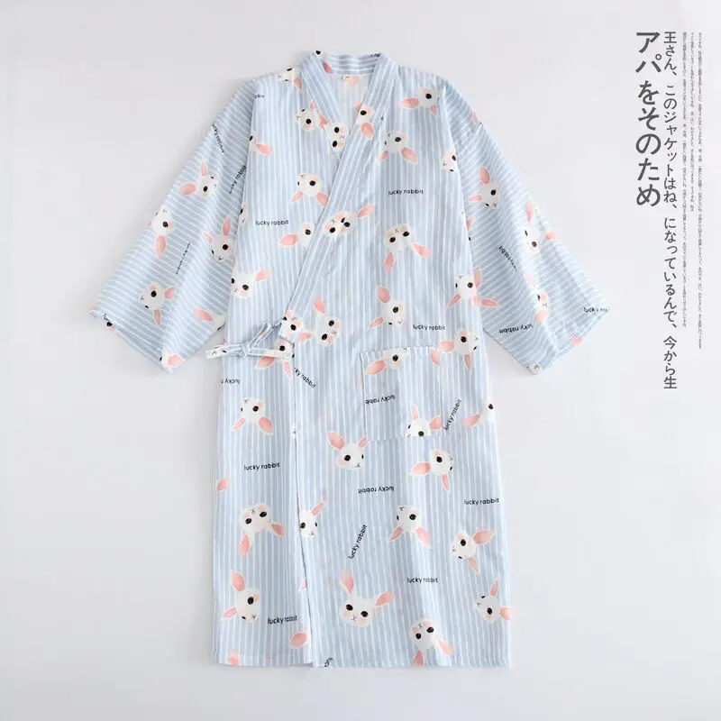 

Cute Striped Rabbit Women Kimono Robes 100% Gauze Cotton Bathrobe Female Summer Thin Lengthen Dressing Gown Ladies Home Robe