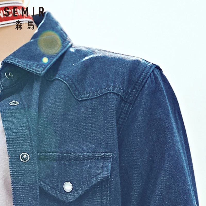 Koop SEMIR Vrouwen 100% Katoen Regular Fit Denim Shirt met Borst Pocket vrouwen Boyfriend Shirt Jas Top met Kraag Tapered taille