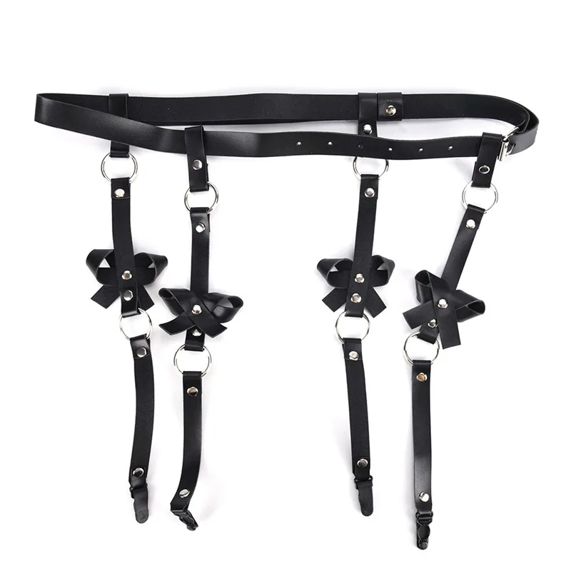 Handmade Punk Costume Outfit O-Round Waist Belt with 4 suspenders Sexy Women Men leather Waist Garter belt for Stockings Bow