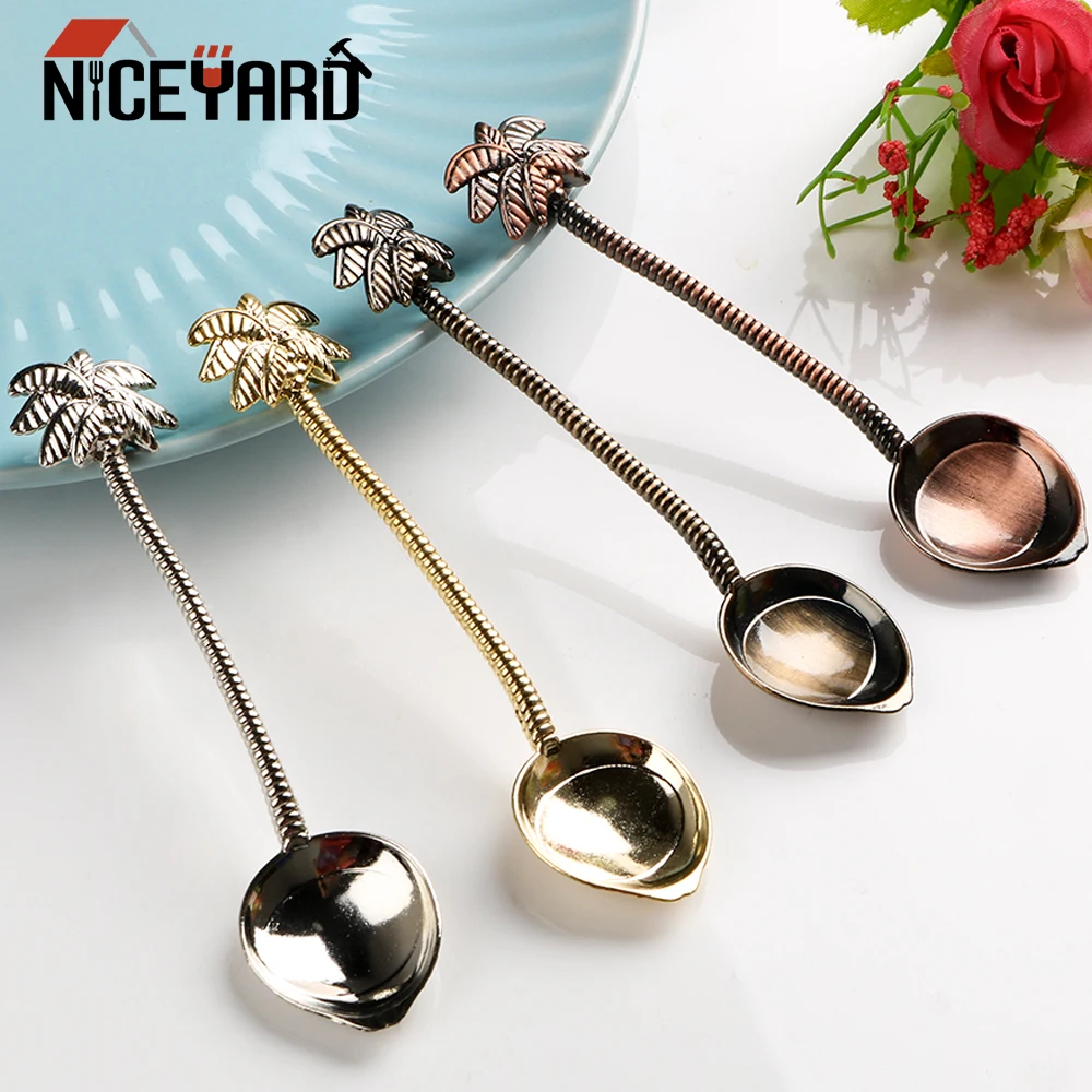 

Small Tableware Vintage Royal Style Zinc Alloy Coconut Tree Shape Ice Cream Dessert Spoon Tea Coffee Spoon for Bar Party