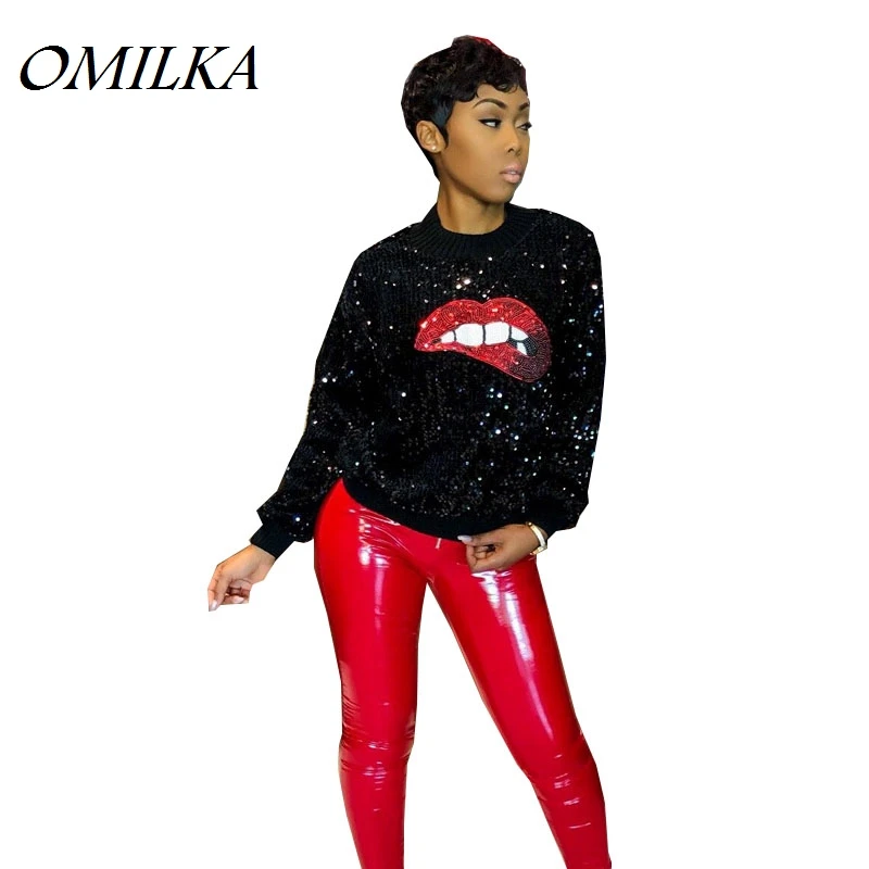 

OMILKA 2018 Autumn Winter Women Long Sleeve O Neck Sequin Red Lips Eye Printed Sweatshirt Casual Black Red Club Party Sweatshirt