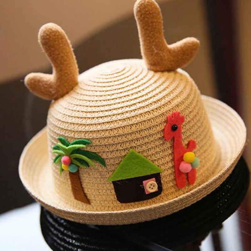 Kids Summer Straw Hat Cute Cartoon Pattern Antler Sunshade Solid Color Beach Hats Sun Protection Short Brim Children Travel Cap3