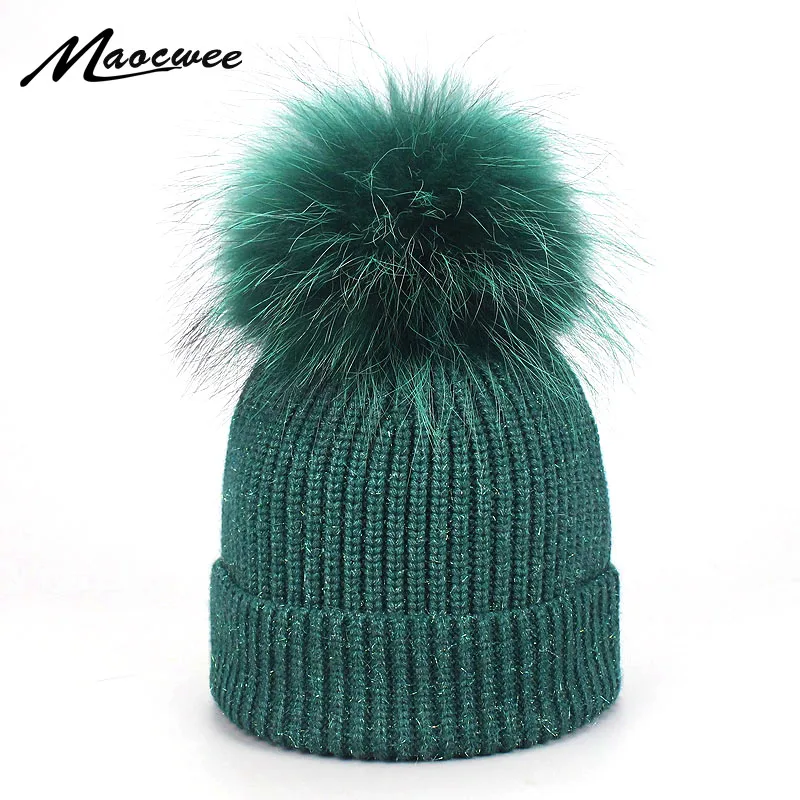 

Real Raccoon Dyeing Fur Pompom Hat Women Winter Caps Knitted Wool Hats Skullies Beanies Girls Female Two Fur Pom Pom Beanie Hat