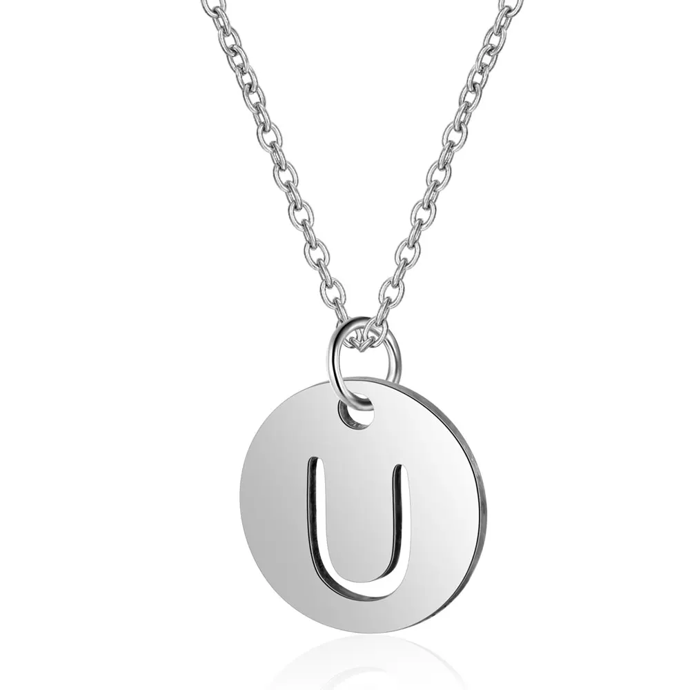 A-Z 26 инициалов имя ожерелье 12 мм круглый кулон буквы алфавиты ожерелье 316L нержавеющая сталь Femme чокер в подарок для женщин - Окраска металла: U