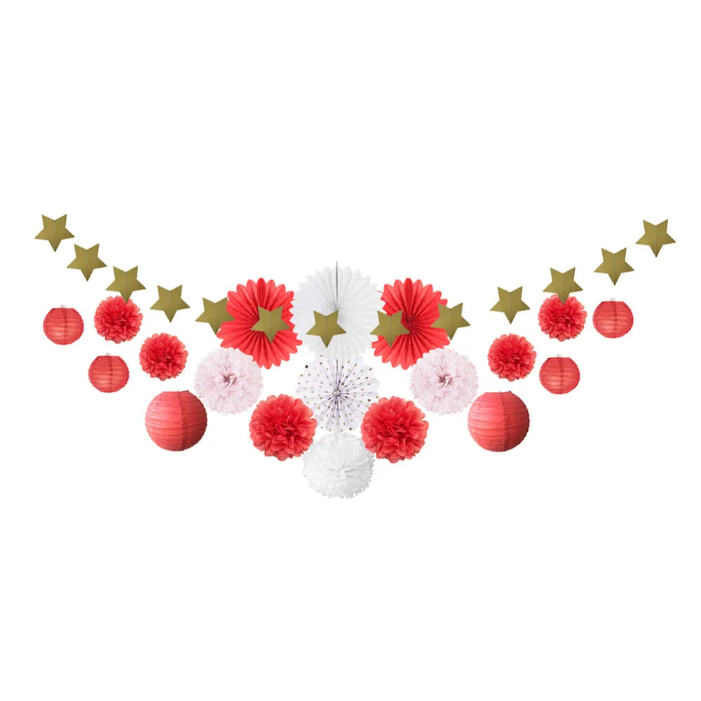 

Wedding Decoration 20pc/set Paper Fan Rosette Backdrop Lantern Gold Star Garland For Birthday Party Valentine's Day Decoration
