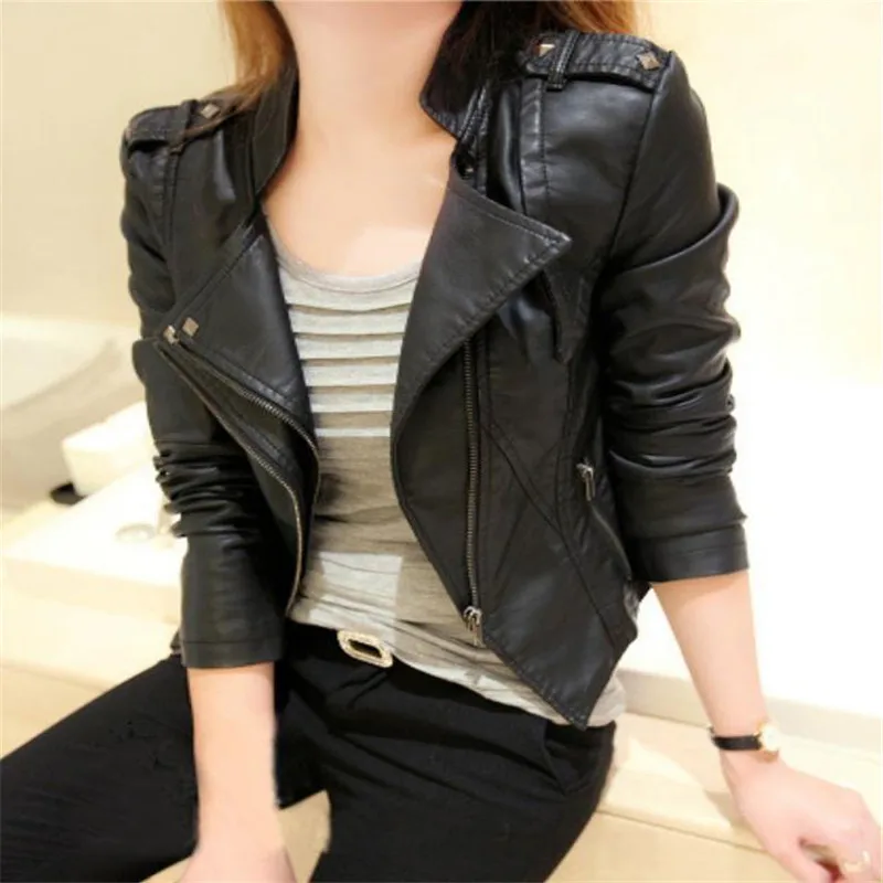 

Europe and America Spring and Autumn Women's Motorcycle PU Jacket coats Christmas Fashion Short Slim Lapel Zip pu Jacket coats