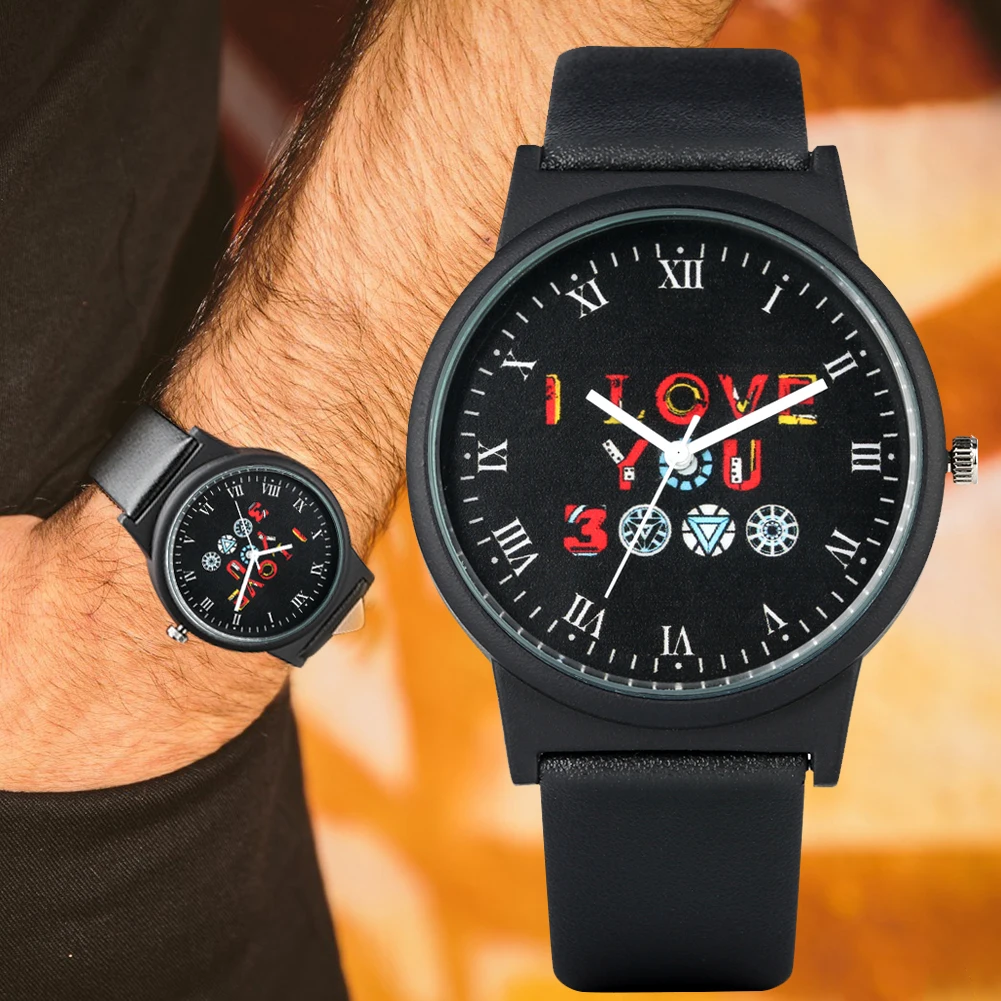 

Colorful I Love You 3000 Logo Watch for Men Charming Quartz Analog Watches Comfortable Black Leather Strap Wristwatch for Male