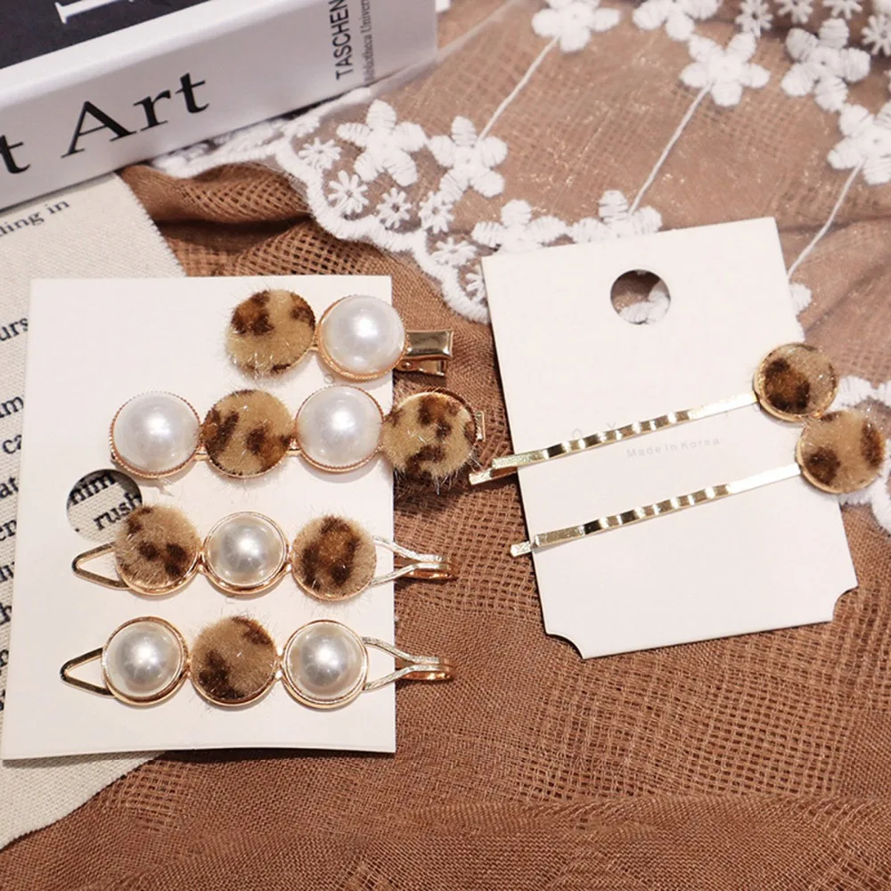 

2019 Hair Accessories For Women Vintage Faux Fur Leopard Hairpins Women Imitiation Pearl Metal Hair Clips Hairgrip