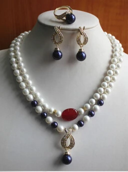 

Free shipping .500 New Design 8mm 2 Rows Mixed /Pearl/Crystal Necklace Earring Ring Jewelry Set
